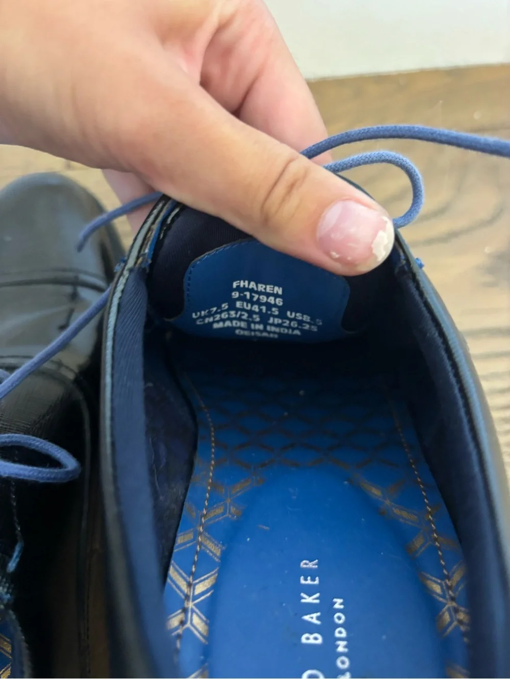 Ted Baker London Black Patent Cap-Toe Oxfords with blue Laces